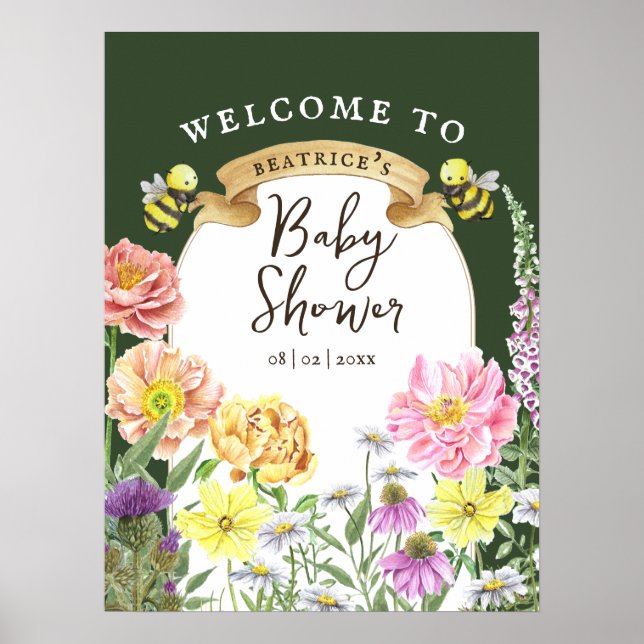 Póster Bienvenidos a Baby Shower Green Bee and Wildflower (Frente)