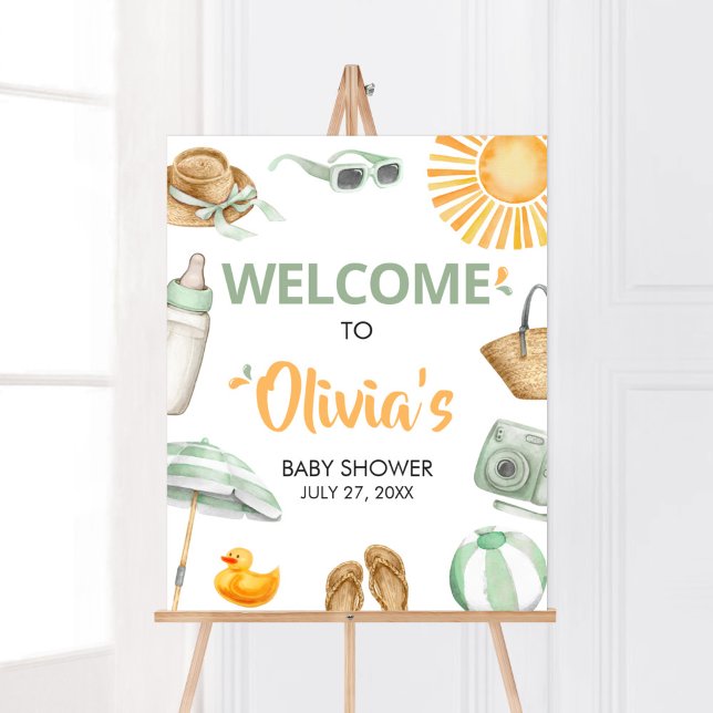 Póster Bienvenidos a Baby Shower Green Splish Splash (Summer Baby Bash Baby Shower Welcome Sign)