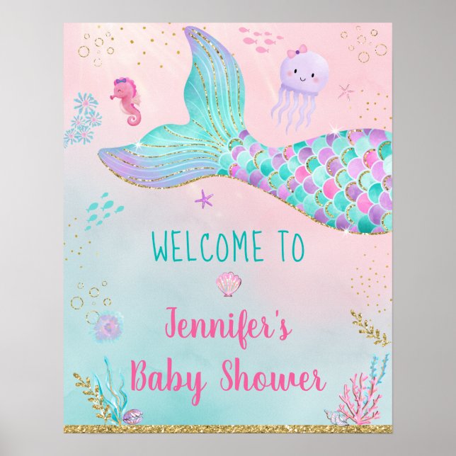 Póster Bienvenidos a Baby Shower Mermaid Under Sea Gold (Frente)