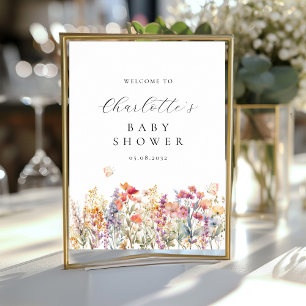 Póster Bienvenidos a Baby Shower moderno y con flores sil