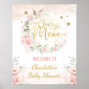 Póster Bienvenidos a Baby Shower Moon Pink Gold Floral