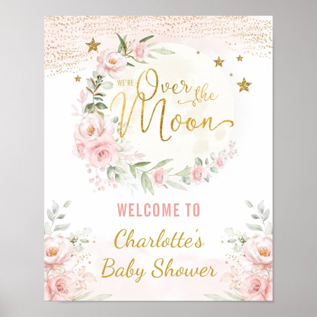 Póster Bienvenidos a Baby Shower Moon Pink Gold Floral (Frente)