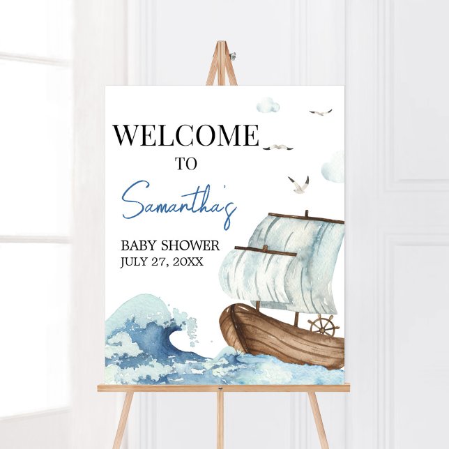 Póster Bienvenidos a Baby Shower Nautical Bot (Ahoy It's A Boy Baby Shower Welcome Sign)