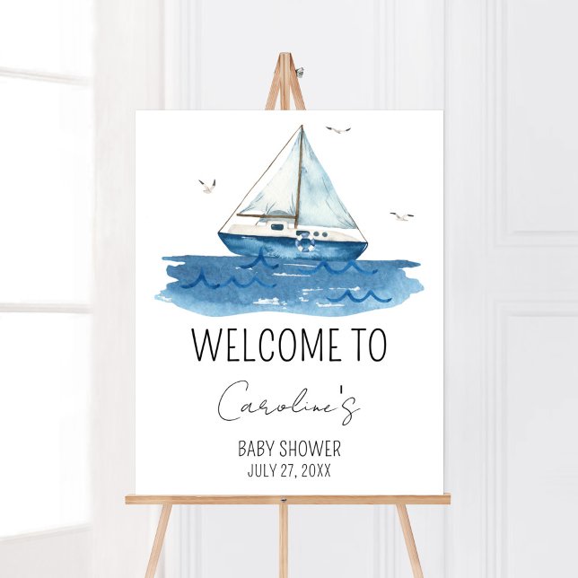 Póster Bienvenidos a Baby Shower Nautical Sailboat (Ahoy It’s A Boy Baby Shower Welcome Sign)
