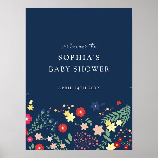 Póster Bienvenidos a Baby Shower Navy Blue Elegant Wildfl (Frente)