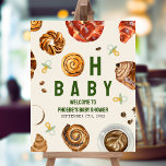 Póster Bienvenidos a Baby Shower Neutral para Pastries y<br><div class="desc">El tema de la "pastelería y pacificadores" cae sobre la ducha de bebé con el ilustracion de un bollo de canela incorporado al texto "OH BABY" con ilustraciones de café,  bollería y pacificadores.</div>