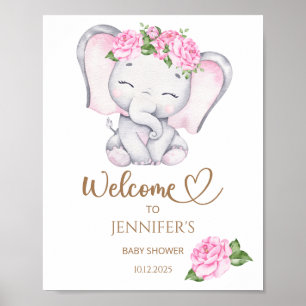 Póster Bienvenidos a Baby Shower para Elefantes y Flores