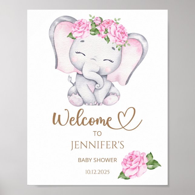 Póster Bienvenidos a Baby Shower para Elefantes y Flores  (Frente)