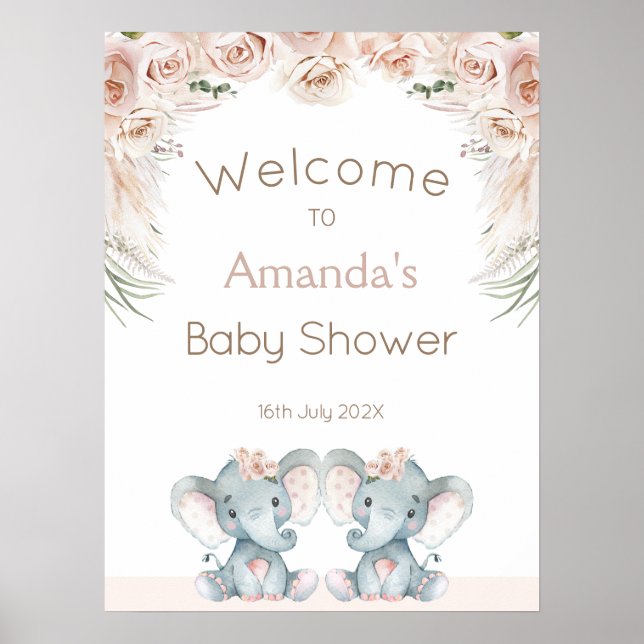 Póster Bienvenidos a Baby Shower para los dos elefantes f (Frente)