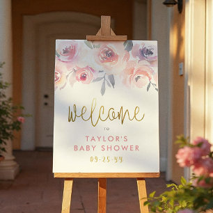 Póster Bienvenidos a Baby Shower Pastel Pink Roses & Gree