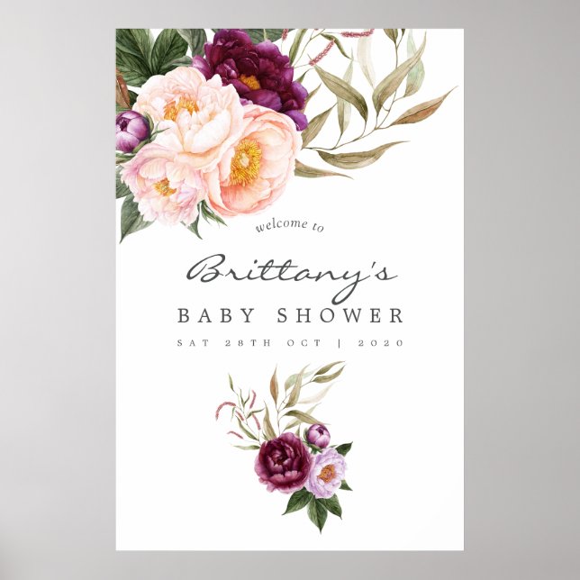 Póster Bienvenidos a Baby Shower Peach and Burgundy Flora (Frente)