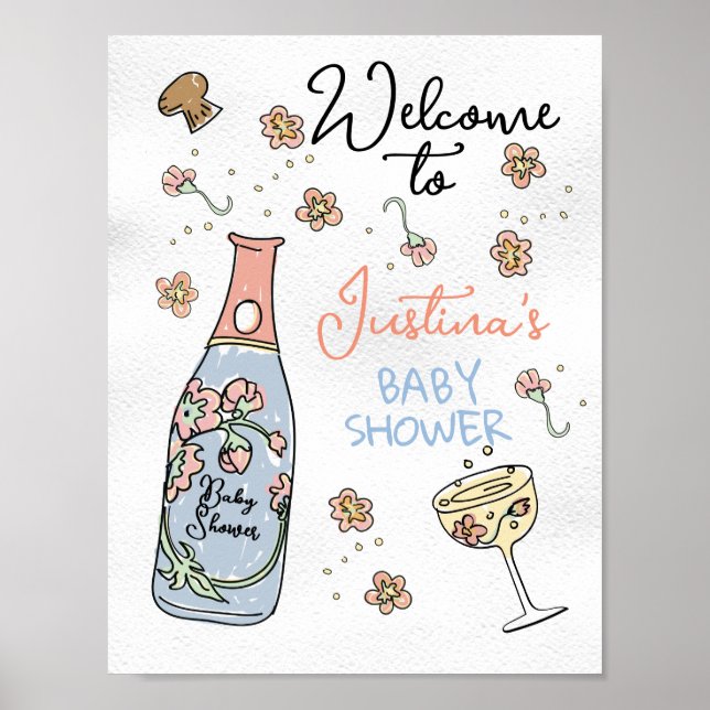 Póster Bienvenidos a Baby Shower Presecco y Petals con di (Frente)