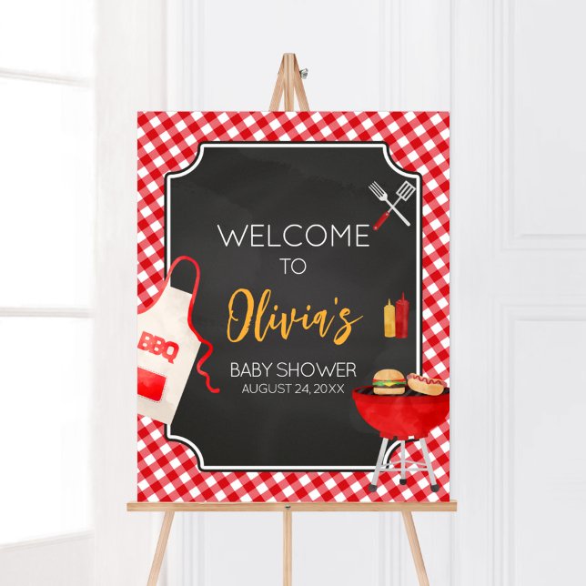 Póster Bienvenidos a Baby Shower Red Gingham BBQ (Burger in the Oven Baby Shower Welcome Sign)