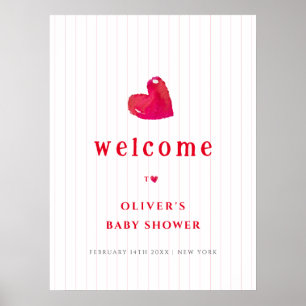 Póster Bienvenidos a Baby Shower Red Minimal Heart Stripe