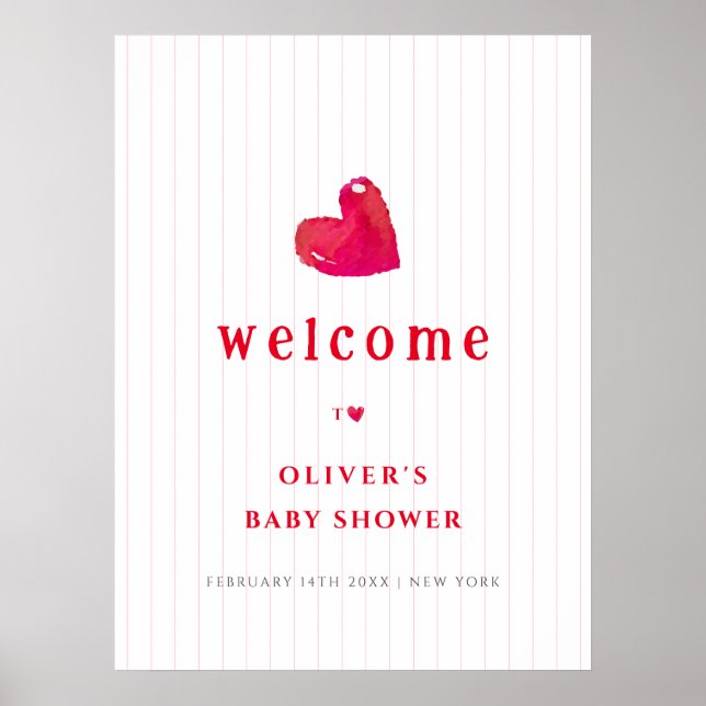 Póster Bienvenidos a Baby Shower Red Minimal Heart Stripe (Frente)