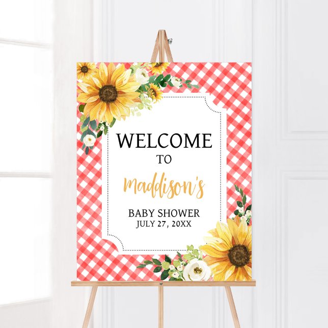 Póster Bienvenidos a Baby Shower Red Picnic Sunflower (Floral Picnic Baby Shower Welcome Sign)