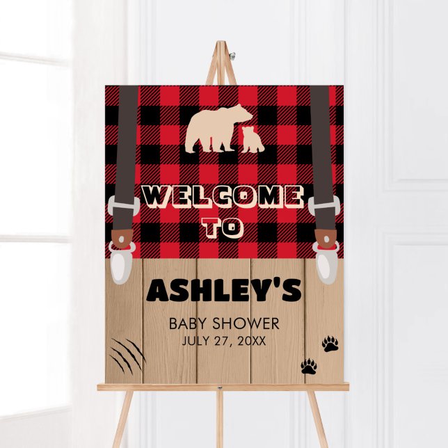 Póster Bienvenidos a Baby Shower Red Rustic Plaid Lumberj (Plaid Lumberjack Baby Shower Welcome Sign)