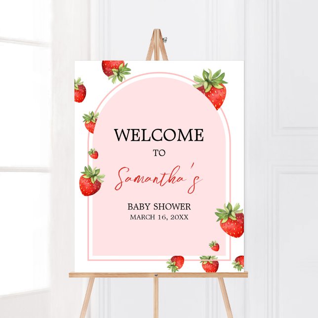 Póster Bienvenidos a Baby Shower Red Strawberry (Boho Berry Sweet Baby Shower Welcome Sign)