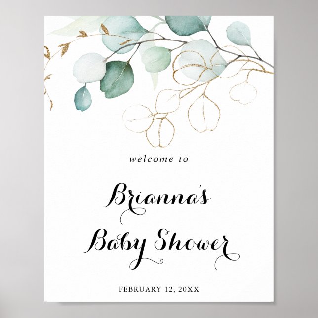 Póster Bienvenidos a Baby Shower Rustic Eucalyptus Gold F (Frente)