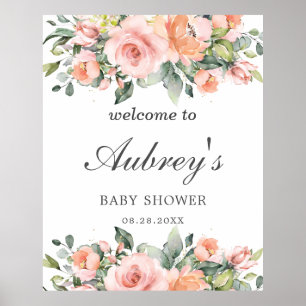 Póster Bienvenidos a Baby Shower Rustic Peach Pink Floral