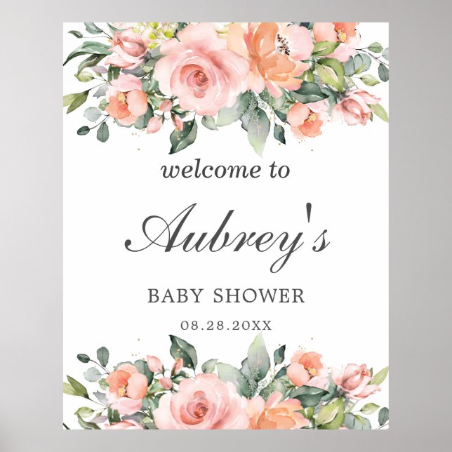 Póster Bienvenidos a Baby Shower Rustic Peach Pink Floral (Frente)