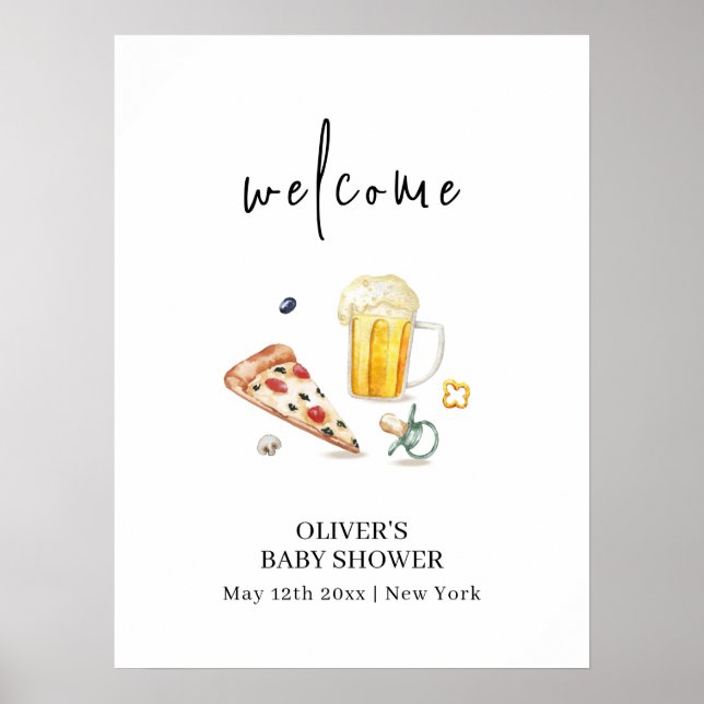 Póster Bienvenidos a Baby Shower Rustic Pizza Beers Pacif (Frente)
