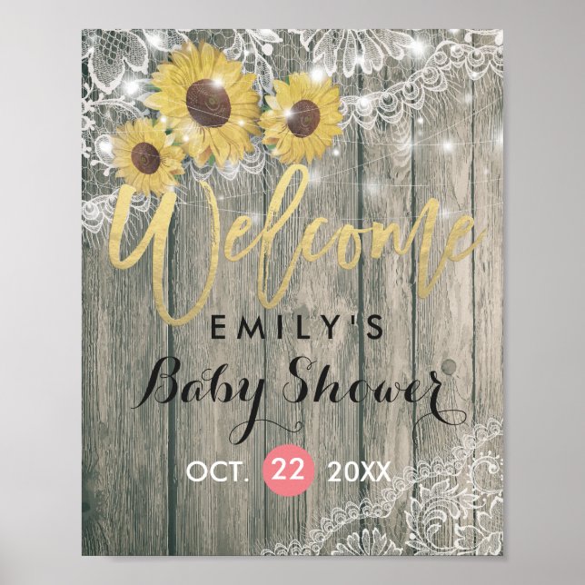 Póster Bienvenidos a Baby Shower Rustic Wood Sunflowers L (Frente)
