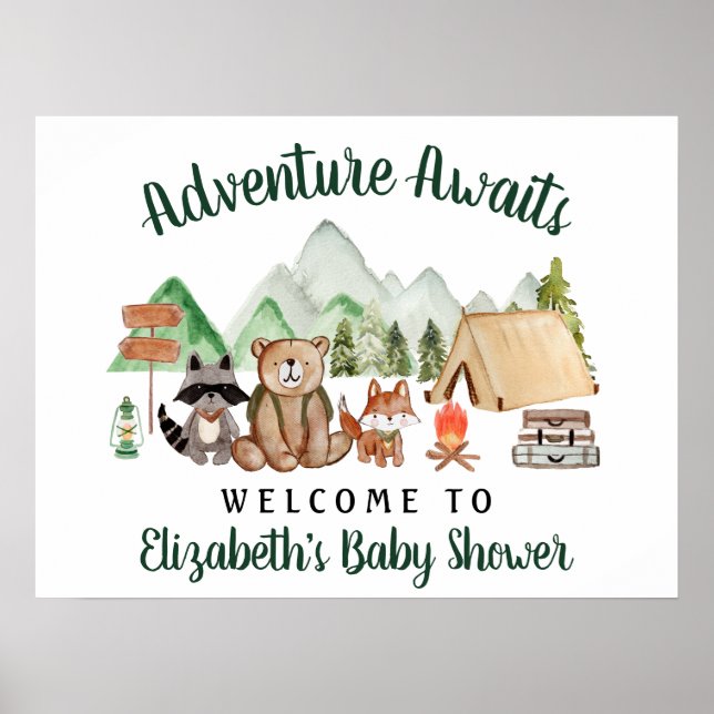 Póster Bienvenidos a Baby Shower Rustic Woodland Animals (Frente)