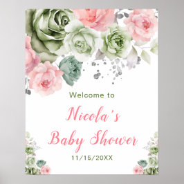 Póster Bienvenidos a Baby Shower Sage Green y Pink Floral