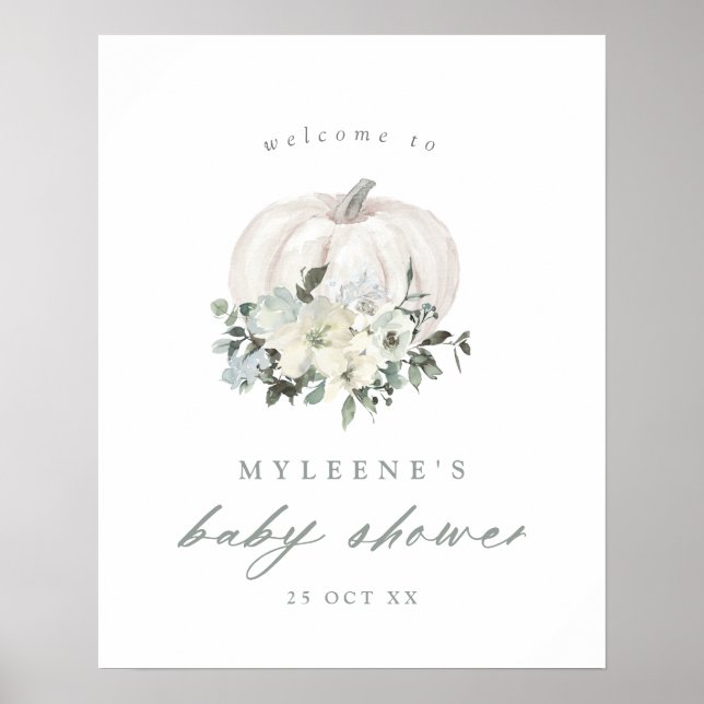 Póster Bienvenidos a Baby Shower sobre calabaza blanca y  (Frente)