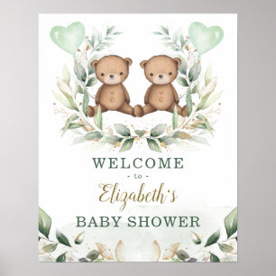 Póster Bienvenidos a Baby Shower Teddy Bear Twins Greener