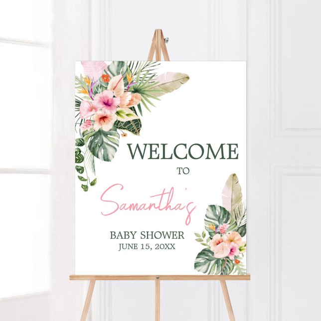 Póster Bienvenidos a Baby Shower Tropical para Aloha Baby (Luau Hawaiian Girl Baby Shower Welcome Sign)