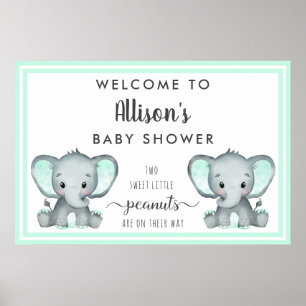 Póster Bienvenidos a Baby Shower Twins Elephants Mint