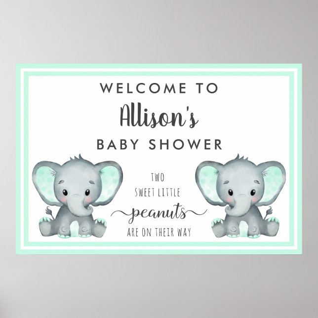 Póster Bienvenidos a Baby Shower Twins Elephants Mint (Frente)