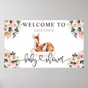 Póster Bienvenidos a Baby Shower Watercolor Deer Pink Flo