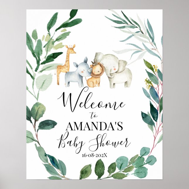 Póster Bienvenidos a Baby Shower Wild Safari Greenery Wre (Frente)