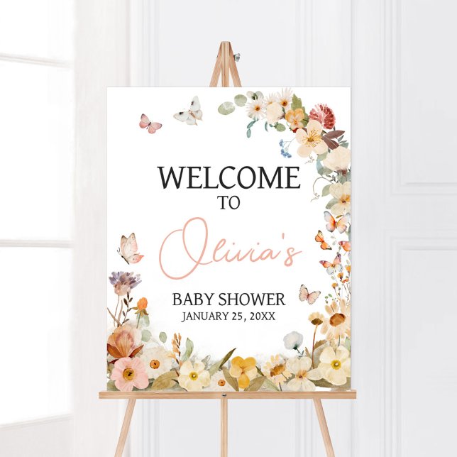 Póster Bienvenidos a Baby Shower Wildflower Little Butter (Little Butterfly Wildflower Baby Shower Welcome Sign)