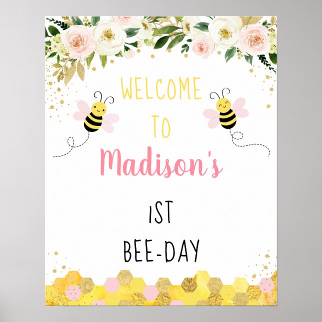 Póster Bienvenidos a Bee Pink Gold Floral Birthday Bee Da (Frente)