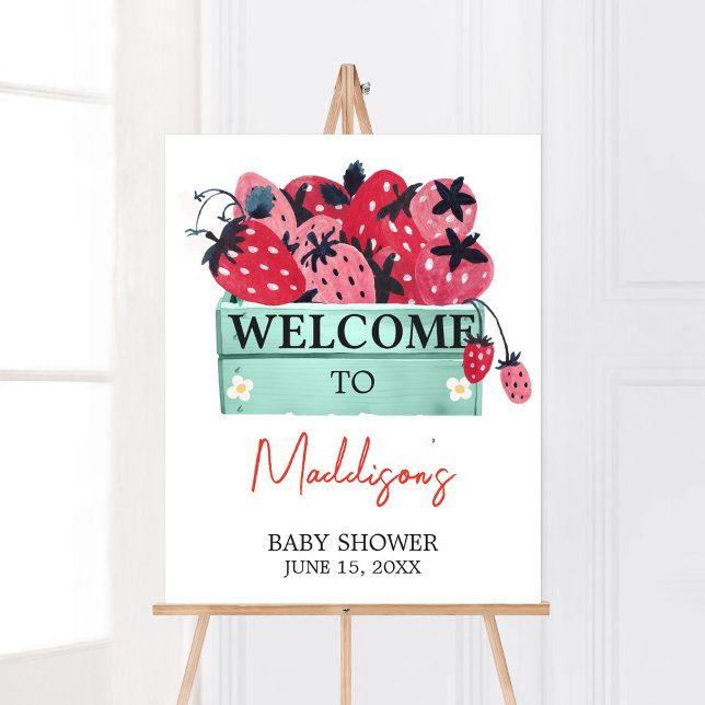 Póster Bienvenidos a Berry Sweet Baby Shower (Strawberry Baby Shower Welcome Sign)