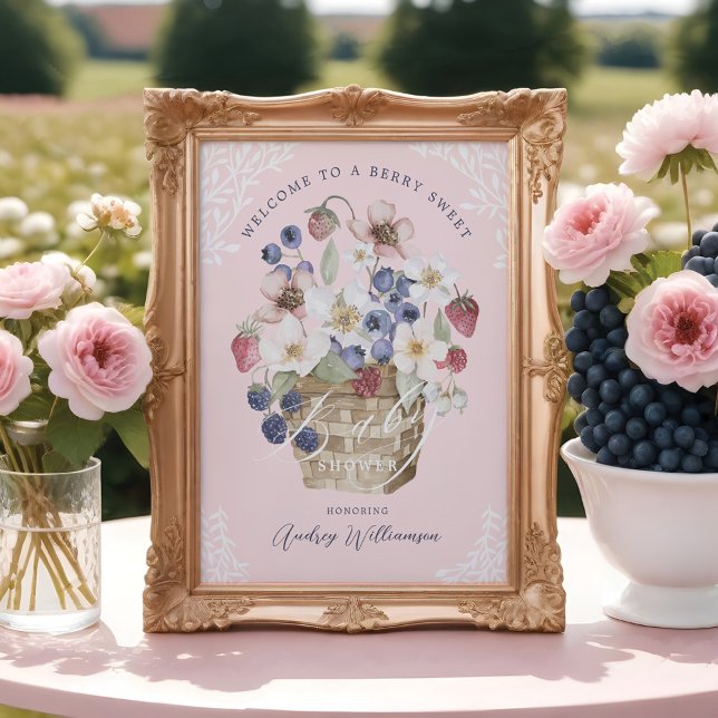 Póster Bienvenidos a Berry Sweet Baby Shower Berries & Fl (Berry Sweet Baby Shower Berries & Flowers Welcome Poster)