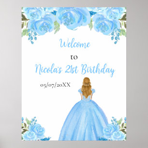 Póster Bienvenidos a Blonde Hair Princess Blue Floral Bir