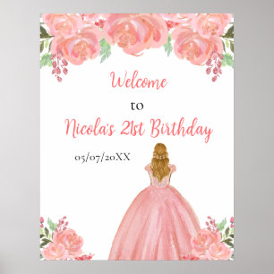 Póster Bienvenidos a Blonde Hair Princess Pink Floral Bir
