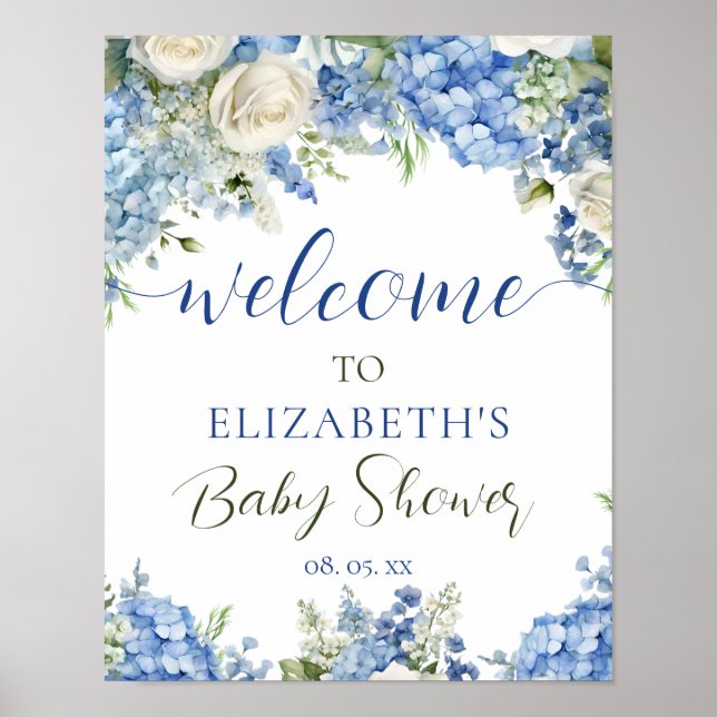 Póster Bienvenidos a Blue Hydrangea White Roses Floral Sc (Frente)