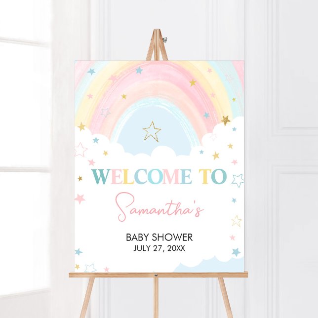 Póster Bienvenidos a Boho Rainbow Baby Shower (Pink Rainbow Baby Shower Welcome Sign)