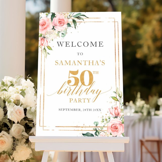 Póster Bienvenidos a Boho Rubor floral sage gold 50 cumpl (Elegant boho blush pink roses greenery gold frame 50th birthday welcome sign )