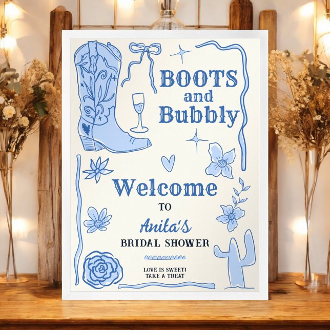 Póster Bienvenidos a Boots y Bubbly Western Bridal Shower (Boots and Bubbly Western Bridal Shower Welcome Poster)