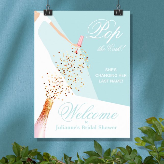 Póster Bienvenidos a Bridal Shower Blue (Sky blue bridal shower Welcome poster, PRINTED and/or INSTANT DOWNLOAD, features bride in her gown)