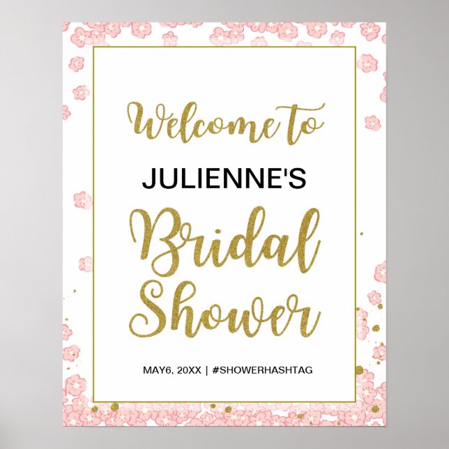 Póster Bienvenidos a Bridal Shower | Purpurina rosa y dor (Frente)