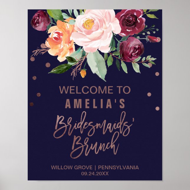 Póster Bienvenidos a Brunch, Rosa Floral Oro Bridesmaids (Frente)