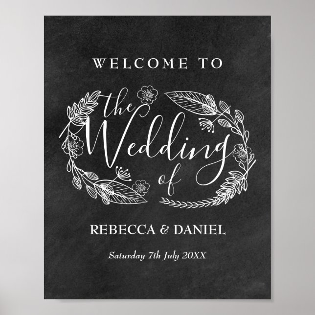 Póster Bienvenidos a Chalkboad Hand-Drawing Floral Garlan (Frente)